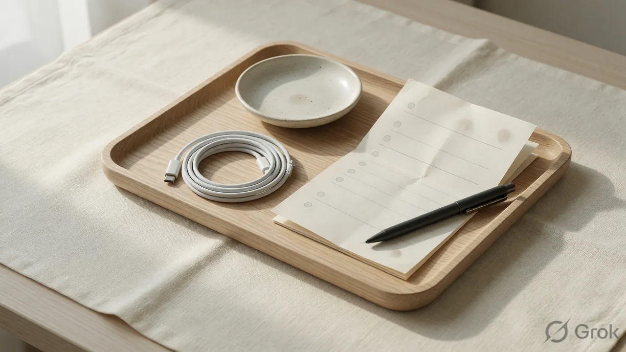 Editorial desk composition with USB-C cable, blank paper and ceramic dish, used as the Android install context for YONO Rummy 888