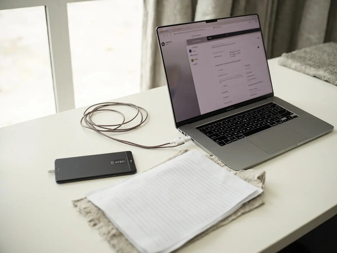 Editorial desk composition with closed slim laptop, USB-C cable, slim Android phone on a soft cloth and a folded quick-start guide on an off-white oak surface, used as the player-journey context for the YONO Rummy 888 how-it-works guide