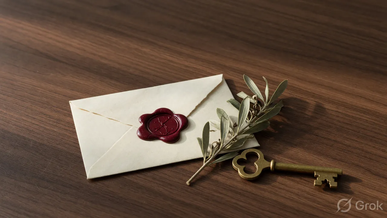 Editorial still-life composition with kraft envelope, wax seal and brass key, used as the code and reward context for YONO Rummy 888