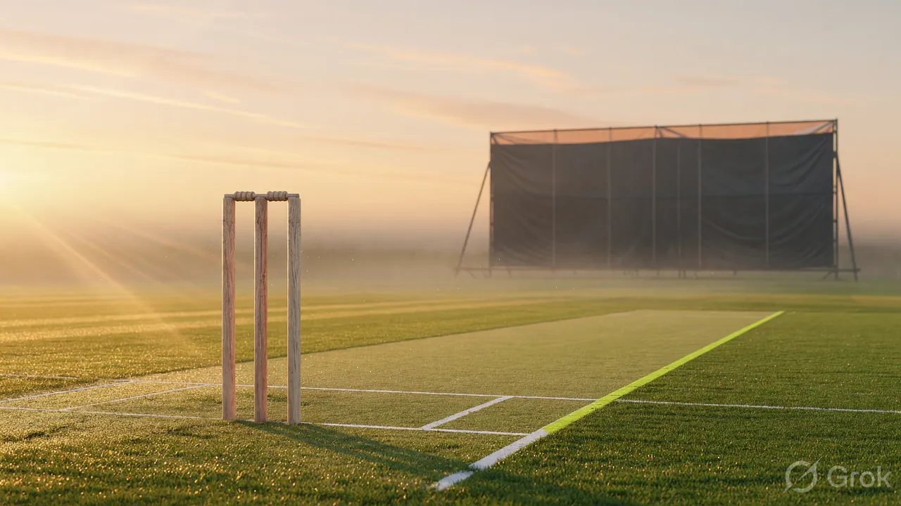 Editorial outdoor composition with cricket stumps and sight screen at golden hour, used as the fantasy cricket analysis context for YONO Rummy 888