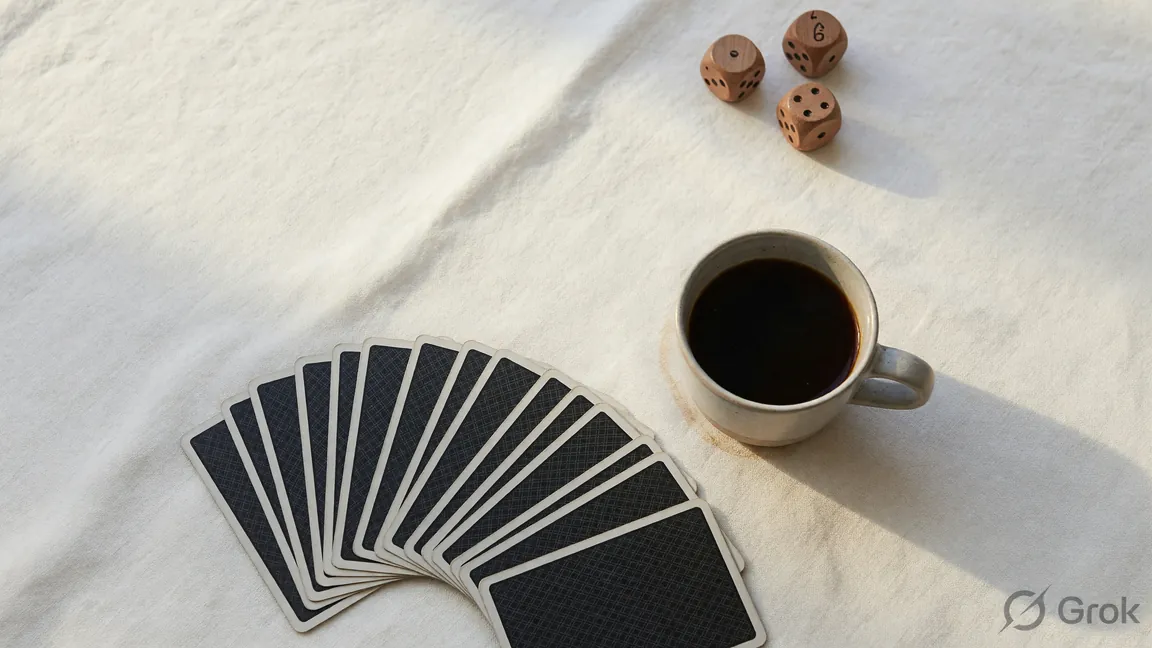 Editorial tabletop composition with playing cards and dice, used as the feature evidence context for YONO Rummy 888