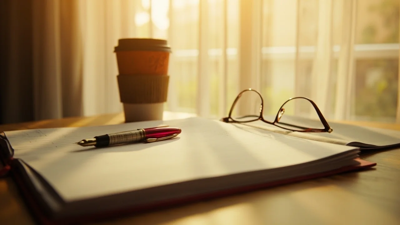 Editorial newsroom composition with reporter's notebook, fountain pen, paper coffee cup and reading glasses on a sunlit desk, used as the newsroom context for YONO Rummy 888