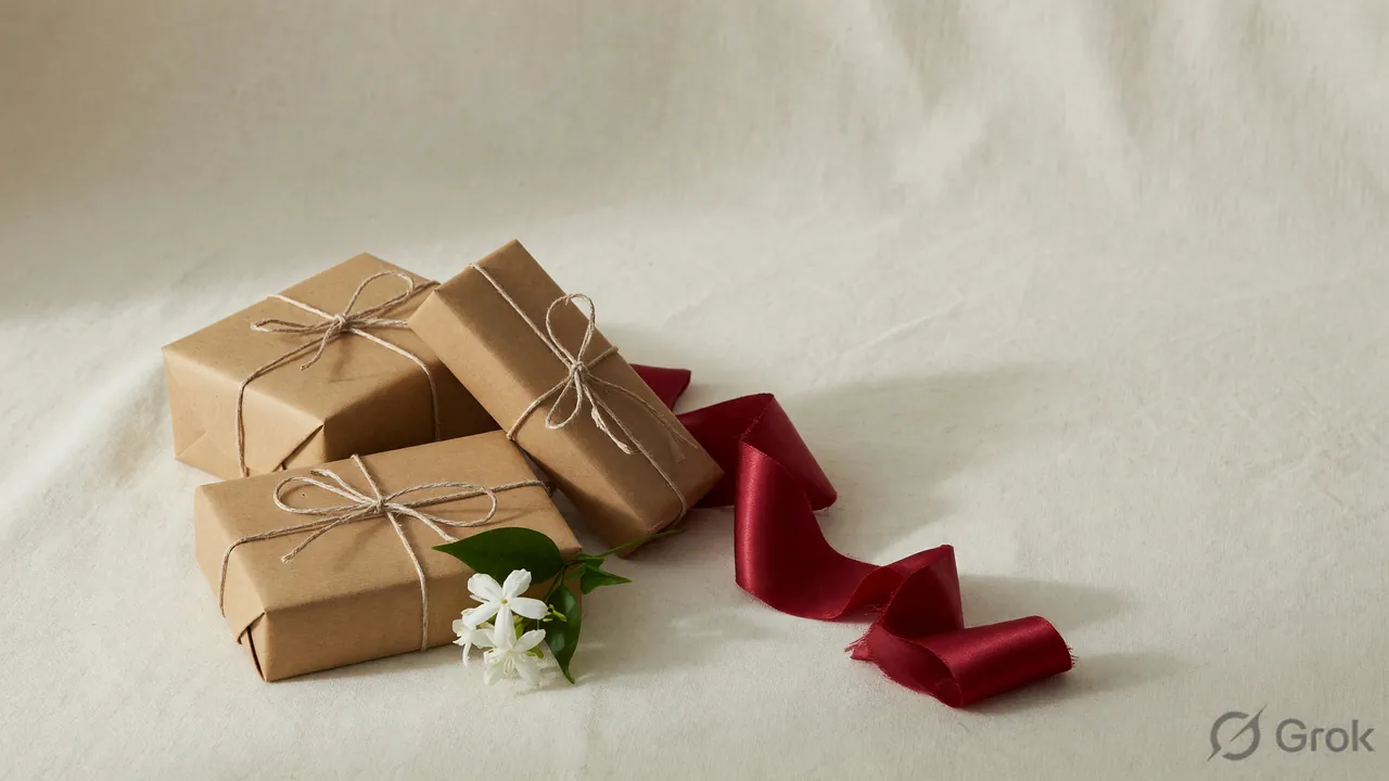 Editorial tabletop composition with wrapped gift parcels, twine bows and silk ribbon, used as the reward rail visual for YONO Rummy 888 promotions