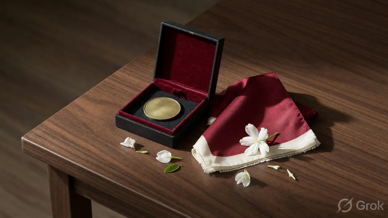 Editorial still-life composition with velvet-lined presentation box and brass medallion, used as the VIP reward context for YONO Rummy 888